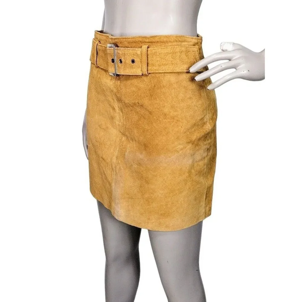 Vintage 80s Gold Suede Leather Belted Short Mini Pencil Skirt Size S/M